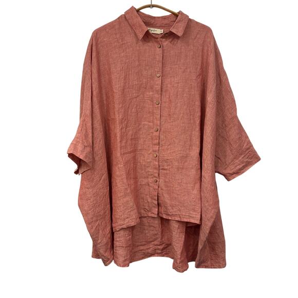 Magic Linen Button Up High Low Tunic Top Size l / XL Pink Short Sleeve Lagenlook - Picture 1 of 7